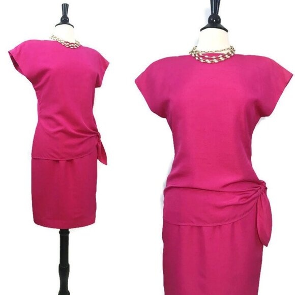 Vintage 80s 90s Bill Blass Dress Silk Sarong Mini Wrap Fushia Pink - Picture 2 of 7